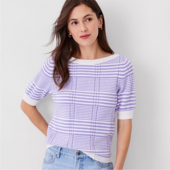 Ann Taylor White Lavender Short Sleeve Sweater, Size XL NWT - Picture 1 of 10